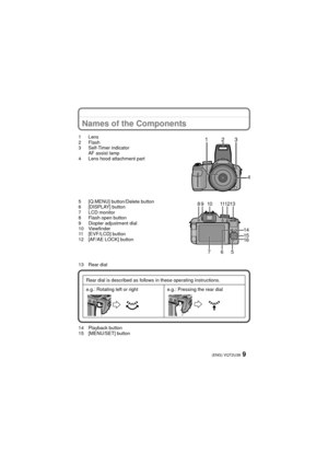Page 99(ENG) VQT2U38
Names of the Components
1Lens
2Flash
3 Self-Timer indicatorAF assist lamp
4 Lens hood attachment part
5 [Q.MENU] button/Delete button
6 [DISPLAY] button
7 LCD monitor
8 Flash open button
9 Diopter adjustment dial
10 Viewfinder
11 [EVF/LCD] button
12 [AF/AE LOCK] button
13 Rear dial
14 Playback button
15 [MENU/SET] button Rear dial is described as follows in these operating instructions.
e.g.: Rotating left or right e.g.: Pressing the rear dial123
4
8
56
7
910111213
141516...