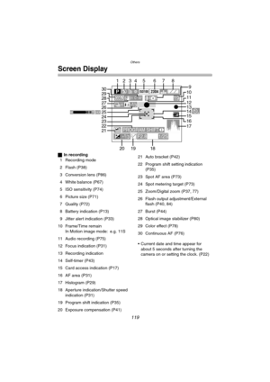 Page 119Others
119
Screen Display
ªIn recording
1 Recording mode
2 Flash (P38)
3 Conversion lens (P86)
4 White balance (P67)
5 ISO sensitivity (P74)
6 Picture size (P71)
7 Quality (P72)
8 Battery indication (P13)
9 Jitter alert indication (P33)
10 Frame/Time remain
In Motion image mode: e.g. 11S
11 Audio recording (P75)
12 Focus indication (P31)
13 Recording indication
14 Self-timer (P43)
15 Card access indication (P17)
16 AF area (P31)
17 Histogram (P29)
18 Aperture indication/Shutter speed 
indication (P31)
19...