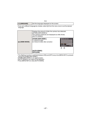 Page 61- 61 -
Basic
•If you set a different language by mistake, select [~] from the menu icons to set the desired 
language.
•The Stabilizer function is switched between [ON ] and [OFF] every time [MENU/SET] is pressed 
during the [STABILIZER DEMO.].
•[STABILIZER DEMO.] is an approximation.•[AUTO DEMO] is not output to the television.•Press [MENU/SET] to close [AUTO DEMO].
~  [LANGUAGE]Set the language displayed on the screen.
 [DEMO MODE]
Displays the amount of jitter the camera has detected. 
([STABILIZER...