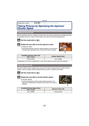Page 82Recording
- 82 -
Applicable modes: 
Taking Pictures by Specifying the Aperture/
Shutter Speed
Set the aperture value to a higher number when you want a sharp focus background. Set 
the aperture value to a lower number when you want a soft focus background.
Set the mode dial to [ ].
Rotate the rear dial to set the aperture value.
AAperture Value
•
It will switch between aperture setting operation and Exposure 
Compensation operation every time the rear dial is pressed.
•Depending on the zoom...