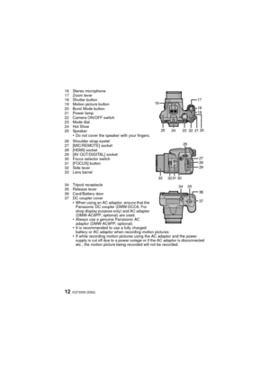 Page 12VQT3S55 (ENG)12
16 Stereo microphone
17 Zoom lever
18 Shutter button
19 Motion picture button
20 Burst Mode button
21 Power lamp
22 Camera ON/OFF switch
23 Mode dial
24 Hot Shoe
25 Speaker
•Do not cover the speaker with your fingers.
26 Shoulder strap eyelet
27 [MIC/REMOTE] socket
28 [HDMI] socket
29 [AV OUT/DIGITAL] socket
30 Focus selector switch
31 [FOCUS] button
32 Side lever
33 Lens barrel
34 Tripod receptacle
35 Release lever
36 Card/Battery door
37 DC coupler cover
•When using an AC adaptor,...