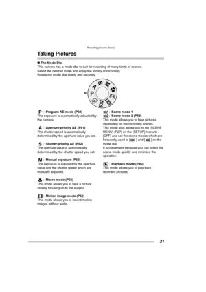 Page 31Recording pictures (basic)
31
Recording pictures (basic)
Taking Pictures
∫The Mode Dial
This camera has a mode dial to suit for recording of many kinds of scenes.
Select the desired mode and enjoy the variety of recording.
Rotate the mode dial slowly and securely. 
:Program AE mode (P32)
The exposure is automatically adjusted by 
the camera.
:Aperture-priority AE (P51)
The shutter speed is automatically 
determined by the aperture value you set.
:Shutter-priority AE (P52)
The aperture value is...