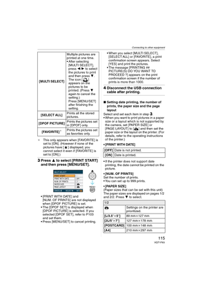 Page 115Connecting to other equipment
115VQT1F83
¢This only appears when [FAVORITE] is 
set to [ON]. (However if none of the 
pictures have [ ] displayed, you 
cannot select it even if [FAVORITE] is 
set to [ON].)
3Press 3 to select [PRINT START] 
and then press [MENU/SET].
 [PRINT WITH DATE] and 
[NUM. OF PRINTS] are not displayed 
when [DPOF PICTURE] is set.
 The [DPOF SET] is displayed when 
[DPOF PICTURE] is selected. If you 
selected [DPOF SET], refer to P103 
and set them.
 Press [MENU/SET] to cancel...