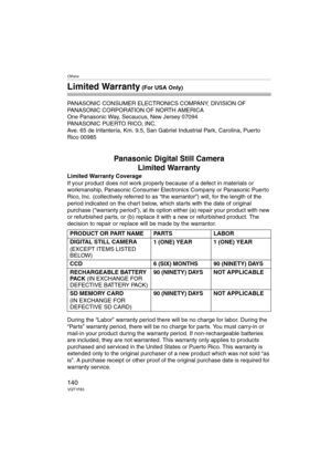 Page 140Others
140VQT1F83
Limited Warranty (For USA Only)
PANASONIC CONSUMER ELECTRONICS COMPANY, DIVISION OF 
PANASONIC CORPORATION OF NORTH AMERICA
One Panasonic Way, Secaucus, New Jersey 07094
PANASONIC PUERTO RICO, INC.
Ave. 65 de Infantería, Km. 9.5, San Gabriel Industrial Park, Carolina, Puerto 
Rico 00985
Panasonic Digital Still Camera
Limited Warranty
Limited Warranty Coverage
If your product does not work properly because of a defect in materials or 
workmanship, Panasonic Consumer Electronics Company...