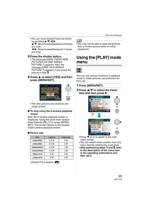 Page 93Advanced (Playback)
93VQT1F83
 You can move forward frame-by-frame 
by pressing 3/4/2/1.
3/4: Move forward/backward 3 frames 
at a time.
2/1: Move forward/backward 1 frame 
at a time.
3Press the shutter button. The message [SAVE THESE NINE 
PICTURES AS ONE SINGLE 
PICTURE ?] appears. Also, the 
message [SAVE AS A SINGLE 
PICTURE ?] appears if you saved the 
picture in step
2.
4Press 3 to select [YES] and then 
press [MENU/SET].
 The nine pictures are saved as one 
single picture.
∫To stop using the 9...