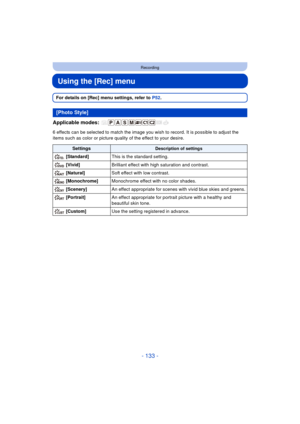 Page 133- 133 -
Recording
Using the [Rec] menu
For details on [Rec] menu settings, refer to P52.
Applicable modes: 
6 effects can be selected to match the image you wish to record. It is possible to adjust the 
items such as color or picture quality of the effect to your desire.
[Photo Style]
SettingsDescription of settings
 [Standard]This is the standard setting.
 [Vivid] Brilliant effect with high saturation and contrast.
 [Natural] Soft effect with low contrast.
 [Monochrome] Monochrome effect with no color...