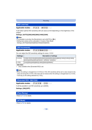 Page 138- 138 -
Recording
Applicable modes: 
It will select optimal ISO sensitivity with set value as limit depending on the brightness of the 
subject.
Settings: [AUTO]/[200]/[400]/[800]/[1600]/[3200]Note
•
It is possible to set when the [Sensitivity] is set to [AUTO] or [ ].•Setting items below will be selectable in Creative Video Mode.
Settings: [AUTO]/[200]/[400]/[800]/[1600]/[3200]/[6400]
Applicable modes: 
You can adjust the ISO sensitivity settings for every 1/3 EV.
(DMC-FZ200) 
¢ Only available when...