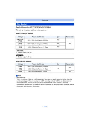 Page 149- 149 -
Recording
Applicable modes: 
This sets up the picture quality of motion pictures.
When [AVCHD] is selected
 (DMC-FZ200) ¢ Sensor output is 60 fps
 (DMC-FZ60) ¢ Sensor output is 30 fps
When [MP4] is selected
Note
•
What is bit rate
This is the volume of data for a definite period of time, and the quality becomes higher when the 
number gets bigger. This unit is using the “VBR” recording method. “VBR” is an abbreviation of 
“Variable Bit Rate”, and the bit rate (volume of data for definite period...