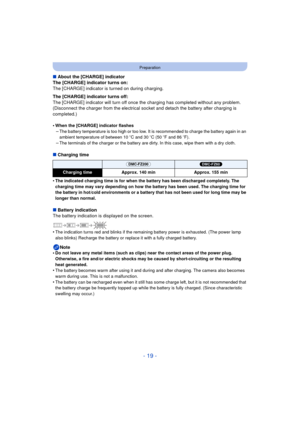Page 19- 19 -
Preparation
∫About the [CHARGE] indicator
The [CHARGE] indicator turns on:
The [CHARGE] indicator is turned on during charging.
The [CHARGE] indicator turns off:
The [CHARGE] indicator will turn off once the charging has completed without any problem. 
(Disconnect the charger from the electrical socket and detach the battery after charging is 
completed.)
•
When the [CHARGE] indicator flashes
–The battery temperature is too high or too low. It is recommended to charge the battery again in an...