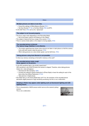Page 211- 211 -
Others
>Cancel the settings of White Balance Bracket  (P91).
> Set Auto Bracket (P146)  or the Burst Mode (P80) to [OFF].
•Is the Self-Timer  (P84) set to [10s / 3pictures]?
•The focus range varies depending on the Recording Mode.
> Set to the proper mode for the distance to the subject.
•The subject is beyond the focus range of the camera.  (P34)•There is camera shake (jitter) or the subject is moving slightly.  (P29)
> The shutter speed becomes slower when pictures are taken in dark places so...