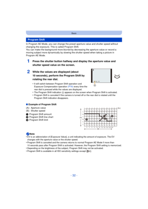Page 32- 32 -
Basic
In Program AE Mode, you can change the preset aperture value and shutter speed without 
changing the exposure. This  is called Program Shift.
You can make the background more blurred by  decreasing the aperture value or record a 
moving subject more dynamically by slowing the shutter speed when taking a picture in 
Program AE Mode.
1Press the shutter button halfway and display the aperture value and 
shutter speed value on the screen.
2While the values are displayed (about 
10 seconds),...