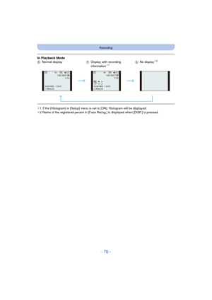 Page 70- 70 -
Recording
¢1 If the [Histogram] in [Setup] menu is set to [ON], Histogram will be displayed.
¢ 2 Name of the registered person in [Face Recog.] is displayed when [DISP.] is pressed.
In Playback ModeE Normal display FDisplay with recording 
information¢1G No display¢2
1/13
100-0001
(&
5HWRXFK
1/13
100-0001
(&
5HWRXFK100F2.8 30AWB 
