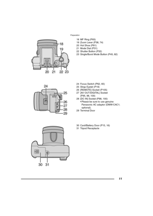 Page 11Preparation
11
18 MF Ring (P65)
19 Zoom Lever (P38, 74)
20 Hot Shoe (P81)
21 Mode Dial (P31)
22 Shutter Button (P32)
23 Single/Burst Mode Button (P45, 82)
24 Focus Switch (P62, 65)
25 Strap Eyelet (P19) 
26 [REMOTE] Socket (P105)
27 [AV OUT/DIGITAL] Socket
(P95, 98, 100)
28 [DC IN] Socket (P98, 100)
 Please be sure to use genuine 
Panasonic AC adaptor (DMW-CAC1; 
optional).
29 Terminal Door
30 Card/Battery Door (P15, 16) 
31 Tripod Receptacle
MSA
S
C
1SC2P
21 20 2219 18
23
27
26
28
29
25
24
30 31...