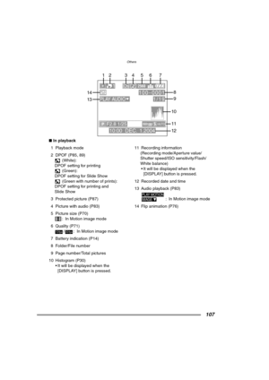 Page 107Others
107
∫In playback
1 Playback mode
2 DPOF (P85, 89)
 (White):
DPOF setting for printing
 (Green):
DPOF setting for Slide Show
 (Green with number of prints): 
DPOF setting for printing and 
Slide Show
3 Protected picture (P87)
4 Picture with audio (P83)
5 Picture size (P70)
: In Motion image mode
6 Quality (P71)
/ : In Motion image mode
7 Battery indication (P14) 
8 Folder/File number
9 Page number/Total pictures
10 Histogram (P30)
 It will be displayed when the 
[DISPLAY] button is pressed.11...