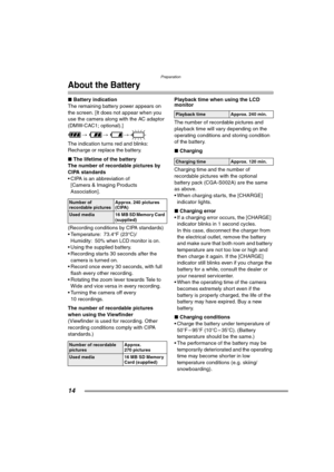 Page 14Preparation
14
About the Battery
∫Battery indication
The remaining battery power appears on 
the screen. [It does not appear when you 
use the camera along with the AC adaptor 
(DMW-CAC1; optional).]
> > >
The indication turns red and blinks:
Recharge or replace the battery.
∫The lifetime of the battery
The number of recordable pictures by 
CIPA standards
 CIPA is an abbreviation of 
[Camera & Imaging Products 
Association].
(Recording conditions by CIPA standards)
 Temperature: 73.4°F (23°C)/...