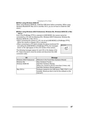 Page 97Connecting to a PC or Printer
97
∫When using Windows 98/98 SE
When using Windows 98/98 SE, install the USB driver before connecting. (When using 
Windows Me/2000/XP, Mac OS 9.x and Mac OS X, you do not have to install the USB 
driver.)
∫When using Windows 2000 Professional, Windows Me, Windows 98/98 SE or Mac 
OS 9.x
Even if the [PictBridge (PTP)] is selected in [USB MODE], the camera cannot be 
connected by a PC with the following OS’s: Windows 2000 Professional, Windows Me, 
Windows 98/98 SE or Mac OS...