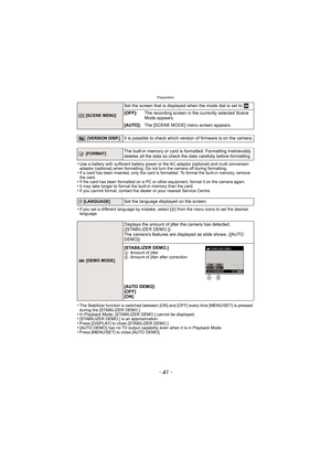 Page 41- 41 -
Preparation
•Use a battery with sufficient battery power or the AC adaptor (optional) and multi conversion 
adaptor (optional) when formatting. Do not turn the camera off during formatting.
•If a card has been inserted, only the card is formatted. To format the built-in memory, remove 
the card.
•If the card has been formatted on a PC or other equipment, format it on the camera again.•It may take longer to format the built-in memory than the card.•If you cannot format, contact the dealer or your...