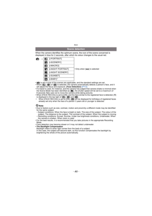 Page 46Basic
- 46 -
When the camera identifies the optimum scene, the icon of the scene concerned is 
displayed in blue for 2 seconds, after which its colour changes to the usual red.
•
[¦] is set if none of the scenes are applicable, and the standard settings are set.•When [ ], [ ] or [ ] is selected, the camera automatically detects a person’s face, and it 
will adjust the focus and exposure.  (Face Detection) (P113)
•If a tripod is used, for instance, and the camera has judged that camera shake is minimal...