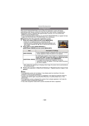 Page 100Advanced (Recording pictures)
- 100 -
When [AUTO REGISTRATION] is set to [ON], the registration screen will display 
automatically after taking a picture of a face that has a high number of appearances.
•
Registration screen is displayed after approximately 3 pictures. (It is not counted when 
[BURST] and Auto Bracket is set.)
•It may be extremely hard to recognise only with [AUTO REGISTRATION], so register the face 
images with [FACE RECOG.] in the [REC] Mode menu beforehand.
∫Registering from the...