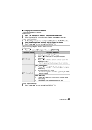 Page 2929(ENG) VQT5L14
∫Changing the connection method
•When connecting with [Via Network]
(On the camera)
1Press  3/4 to select [Via Network], and then press [MENU/SET].2Select the method for connecting to a wireless access point, an d set.
(On your smartphone/tablet)
3On the setting menu of your smartphone/tablet, turn on the Wi-F i function.4Select the wireless access point you want to connect to, and set.5Start “ Image App ” on your smartphone/tablet. (P25)
•When connecting with [Wi-Fi Direct] or [WPS...