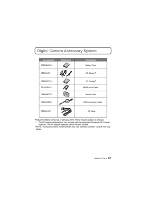 Page 3737(ENG) VQT5L14
Digital Camera Accessory System
Product numbers correct as of January 2013. These may be subjec t to change.¢The AC Adaptor (optional) can only be used with the designated Panasonic DC Coupler 
(optional). The AC adaptor (optional) cannot be used by itself.
•NOTE: Accessories and/or model numbers may vary between countries. Consult your local 
dealer.
DMW-MCFT5 DMW-AC5
DMW-BCM13Battery Pack
Marine Case
Accessory#  Description
Illustration 
AC Adaptor
RP-CHEU15HDMI micro Cable
DMW-DCC14
DC...