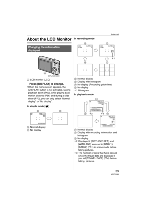 Page 33Advanced
33VQT0V86
Advanced
About the LCD Monitor
ALCD monitor (LCD)
Press [DISPLAY] to change.
 When the menu screen appears, the 
[DISPLAY] button is not activated. During 
playback zoom (P60), while playing back 
motion pictures (P56) and during a slide 
show (P70), you can only select “Normal 
display” or “No display”.
In simple mode [ ]
BNormal display
CNo displayIn recording mode
DNormal display
EDisplay with histogram
FNo display (Recording guide line)
GNo display
¢1 Histogram
In playback mode...