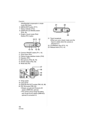 Page 10Preparation
10VQT0V86
(P64)/Backlight compensation in simple 
mode (P26) button
6 [MENU/SET] button (P17)
7 Status indicator (P12)
8 [DISPLAY/LCD MODE] button
(P33, 35)
9 Single or burst mode (P44)/
Delete (P31) button
10 Camera ON/OFF switch (P11, 16)
11 Zoom lever (P27)
12 Optical image stabilizer button (P43)
13 Speaker (P61)
14 Microphone (P56, 66, 76)
15 Shutter button (P22, 56)
16 Mode dial (P5)
17 Strap eyelet
18 Lens barrel
19 [DIGITAL/AV OUT] socket (P80, 82, 86)
20 [DC IN] socket (P80, 82)...