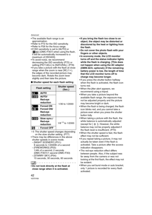 Page 42Advanced
42VQT0Y69
 The available flash range is an 
approximation.
 Refer to P72 for the ISO sensitivity.
 Refer to P26 for the focus range.
 If ISO sensitivity is set to [AUTO] or 
[ ] (DMC-FX07) when using the flash, 
it will be automatically increased to a 
maximum of [ISO400].
 To avoid noise, we recommend 
decreasing the ISO sensitivity (P72) or 
setting [PICT.ADJ.] to [NATURAL]. (P78)
 If you take a picture with the flash at close 
range when the zoom is near [W] (1k), 
the edges of the...