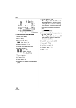 Page 100Others
100VQT0Y69
BRecording in simple mode
1 Flash mode (P39)
2 Focus (P24)
3 Picture mode (P27)
: Jitter alert (P26)
4 Battery indication (P13)
5 Number of recordable pictures
6 Access indication
/ : Card (P16)
/ : Built-in memory 
(P17: DMC-FX3)
7 Recording state
8 AF area (P24)
9 Travel date (P58)
10 Operation for backlight compensation 
(P28)11 Current date and time
 This is displayed for about 5 seconds 
when the camera is turned on, after 
setting the clock and after switching 
from playback mode...