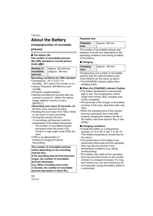 Page 12Preparation
12VQT1F52
About the Battery 
(charging/number of recordable 
pictures)
∫The battery life
The number of recordable pictures 
(By CIPA standard in normal picture 
mode [ ])
Recording conditions by CIPA standard
 Temperature: 23 °C (73.4 °F)/
Humidity: 50% when LCD monitor is on.¢
 Using a Panasonic SD Memory Card 
(32 MB).
 Using the supplied battery.
 Starting recording 30 seconds after the 
camera is turned on. (When the optical 
image stabilizer function is set to 
[MODE1].)
Recording once...