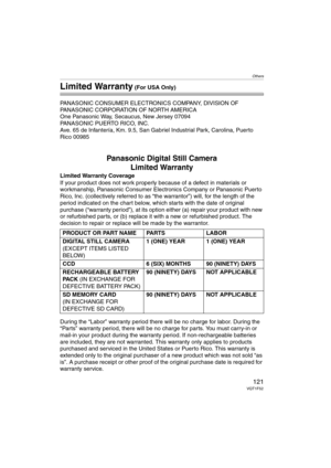 Page 121Others
121VQT1F52
Limited Warranty (For USA Only)
PANASONIC CONSUMER ELECTRONICS COMPANY, DIVISION OF 
PANASONIC CORPORATION OF NORTH AMERICA
One Panasonic Way, Secaucus, New Jersey 07094
PANASONIC PUERTO RICO, INC.
Ave. 65 de Infantería, Km. 9.5, San Gabriel Industrial Park, Carolina, Puerto 
Rico 00985
Panasonic Digital Still Camera
Limited Warranty
Limited Warranty Coverage
If your product does not work properly because of a defect in materials or 
workmanship, Panasonic Consumer Electronics Company...