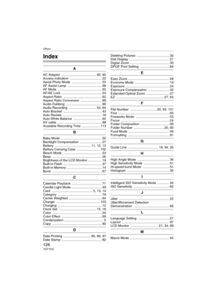 Page 126Others
126VQT1F52
Others
Index
A
AC Adaptor  ...................................... 92, 95
Access indication  ................................... 22
Aerial Photo Mode  ................................. 53
AF Assist Lamp ...................................... 68
AF Mode  ................................................ 65
AF/AE Lock  ............................................ 24
Aspect Ratio  .......................................... 62
Aspect Ratio Conversion  ....................... 89
Audio Dubbing...