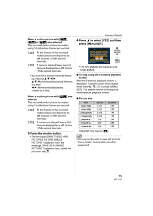 Page 75Advanced (Playback)
75VQT1F52
When a motion picture with [ ], 
[ ]or [ ] was selected 
The recorded motion picture is created 
using 10 still picture frames per second. 
 You can move forward frame-by-frame 
by pressing 3/4/2/1.
3/4: Move forward/backward 3 frames 
at a time.
2/1: Move forward/backward 
1 frame at a time.
When a motion picture with [ ] was 
selected 
The recorded motion picture is created 
using 15 still picture frames per second.
3Press the shutter button.
 The message [SAVE THESE NINE...