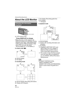 Page 32Advanced (Recording pictures)
32VQT1C14
Advanced (Recording pictures)
About the LCD Monitor
ALCD monitor (LCD)
Press [DISPLAY] to change.
 When the menu screen appears, the 
[DISPLAY] button is not activated. During 
playback zoom (P67), while playing back 
motion pictures (P68) and during a slide 
show (P70), you can only select 
“Normal display H” or “No display J”.
In simple mode [ ]
BNormal display
CNo display
In recording mode
DNormal display (Recording information)
EDisplay with histogramFNo...