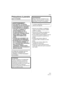 Page 111Others
111VQT1C14
Others
Précautions à prendre 
(pour le Canada)
 Assurez-vous d’utiliser un adaptateur 
secteur de marque Panasonic (DMW-
AC5PP; en option).
 Assurez-vous d’utiliser une batterie de 
marque Panasonic (CGA-S005A).
 Si vous utilisez d’autres batteries, nous ne 
pouvons pas garantir la qualité de ce 
produit.
 N’utilisez pas d’autres câbles de 
connexion USB à l’exception de celui 
fourni.
 N’utilisez pas d’autres câbles AV à 
l’exception de celui fourni.
 Conservez la carte mémoire hors de...