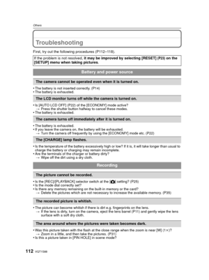 Page 112VQT1S88112
Others
Troubleshooting
First, try out the following procedures (P112–118).
•
The battery is not inserted correctly. (P14)•The battery is exhausted.
•Is [AUTO LCD OFF] (P22) of the [ECONOMY] mode active?> Press the shutter button halfway to cancel these modes.
•The battery is exhausted.
•The battery is exhausted.•If you leave the camera on, the battery will be exhausted.
> Turn the camera off frequently by using the [ECONOMY] mode etc. (P22)
•Is the temperature of the battery excessively high...
