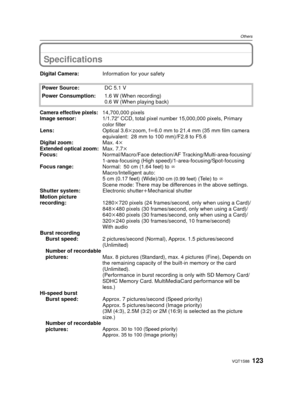 Page 123123VQT1S88
Others
Specifications
Digital Camera:Information for your safety
Power Source: DC 5.1 V
Power Consumption: 1.6 W (When recording)
0.6 W (When playing back)
Camera effective pixels:14,700,000 pixels
Image sensor: 1/1.72q CCD, total pixel number 15,000,000 pixels, Primary 
color filter
Lens: Optical 3.6kzoom, fl 6.0 mm to 21.4 mm (35 mm film camera 
equivalent: 28 mm to 100 mm)/F2.8 to F5.6
Digital zoom: Max. 4k
Extended optical zoom: Max. 7.7k
Focus: Normal/Macro/Face detection/AF...
