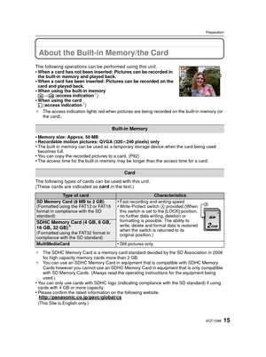 Page 1515VQT1S88
Preparation
About the Built-in Memory/the Card
•Memory size: Approx. 50 MB•Recordable motion pictures: QVGA (320k240 pixels) only•The built-in memory can be used as a temporary storage device when the card being used 
becomes full.
•You can copy the recorded pictures to a card. (P92)•The access time for the built-in memory may be longer than the access time for a card.
The following types of cards can be used with this unit.
(These cards are indicated as  card in the text.)
¢The SDHC Memory...