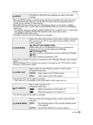 Page 2323VQT1S88
Preparation
•When the [RESET] setting is selected during recording, the operation that resets the lens is 
also performed at the same time. You will hear the sound of the lens operating but this is 
normal and not indicative of malfunctioning.
•When [SETUP] menu settings are reset, the following settings are also reset. In addition, 
[ROTATE DISP.] (P87) is set to [ON], and [FAVORITE] (P88) is set to [OFF] in [PLAYBACK] 
mode menu.
–The birthday and name settings for [BABY1]/[BABY2] (P51) and...