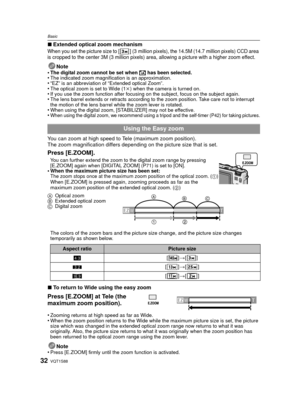 Page 32VQT1S8832
Basic
∫Extended optical zoom mechanism
When you set the picture size to [ ] (3 million pixels), the 14.5M (14.7 million pixels) CCD area 
is cropped to the center 3M (3 million pixels) area, allowing a picture with a higher zoom effect.
Note
•The digital zoom cannot be set when  õ has been selected.•The indicated zoom magnification is an approximation.•“EZ” is an abbreviation of “Extended optical Zoom”.•The optical zoom is set to Wide (1k ) when the camera is turned on.•If you use the zoom...