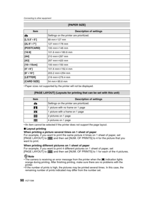 Page 98VQT1S8898
Connecting to other equipment
•Paper sizes not supported by the printer will not be displayed.
•An item cannot be selected if the printer does not support the page layout.
∫Layout printing
When printing a picture several times on 1 sheet of paper
For example, if you want to print the same picture 4 times on 1 sheet of paper, set 
[PAGE LAYOUT] to [ ä] and then set [NUM. OF PRINTS] to 4 for the picture that you 
want to print. 
When printing different pictures on 1 sheet of paper
For example, if...