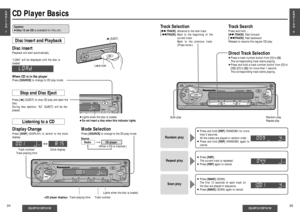 Page 6E
N
G
L
I
S
H
8
CQ-DP151/DP101W
25
E
N
G
L
I
S
H
7
CQ-DP151/DP101W
24
CD Player Basics
<
VOL
SELBAND
TUNE
MUTE M/L
1234
5
6 712
SOURCEREP
CQ-DP151W
CD RECEIVER 
     45W
X4 
LOUDRANDOM
PWR
811910
TRACK
DISP
MONO/LOC
REMOTE
SCAN/APM
Track Selection[5TRACK]: Advance to the next track.
[6TRACK]: Back to the beginning of the
current track. 
Back to the previous track.
(Press twice.)
Display ChangePress [DISP](DISPLAY) to switch to the clock
display.
Radio
CD player
(When a CD is inserted.)
Source
<
VOL...