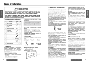 Page 224243
Guide d’installation
F
R
A
N
Ç
A
I
S
13F
R
A
N
Ç
A
I
S
14
CQ-DP133U/DP103U/DPX153UCQ-DP133U/DP103U/DPX153U
t
DescriptionN°SchémaQté
MISE EN GARDE
Les informations relatives à l’installation sont prévues uniquement pour des tech-
niciens qualiﬁés. Elles ne contiennent pas de mises en garde ou d’avis quant aux
dangers potentiels pouvant être encourus lors de l’installation de cet appareil.
Toute tentative d’installation de cet appareil dans un véhicule motorisé par une
personne sans qualiﬁcation peut...