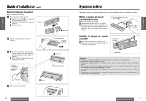 Page 244647
Guide d’installation(suite)Système antivol
F
R
A
N
Ç
A
I
S
17F
R
A
N
Ç
A
I
S
18
CQ-DP133U/DP103U/DPX153UCQ-DP133U/DP103U/DPX153U
Installer la plaque de façade
amovible
Faites glisser le côté gauche du panneau en place.Appuyez sur le côté droit du panneau jusqu’à ce
qu’un déclic se fasse entendre.
Précaution:•Cette plaque de façade n’est pas étanche à l’eau. Ne l’exposez ni à l‘eau ni á une humidité excessive.
•Ne retirez pas la plaque de façade en conduisant.
•Ne placez pas la plaque de façade sur...