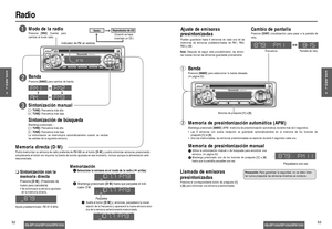 Page 27POWERREP
D•M
CLOCK
CQ-DP133U
DISP
TRACKTUNE
LOUDMUTE7 8 9 10 11 12 SCAN1
2
346
APMBAND
SRC5
VOLUMEPUSHSEL
DISP1234
B
AND
6 5
POWERREP
D•M
CLOCK
CQ-DP133U
DISP
TRACKTUNE
LOUDMUTE7 8 9 10 11 12 SCAN1
2
346
APMBAND
SRC5
VOLUMEPUSHSEL
TUNE D•M
TRACKBAND
SRC
5253
Radio
E
S
P
A
Ñ
O
L
3E
S
P
A
Ñ
O
L
4
CQ-DP133U/DP103U/DPX153UCQ-DP133U/DP103U/DPX153U
Frecuencia Pantalla de reloj Pueden guardarse hasta 6 emisoras en cada una de las
memorias de emisoras predeterminadas de FM1, FM2,
FM3 y AM.
Ajuste de emisoras...