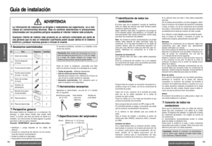 Page 326263
Guía de instalación
E
S
P
A
Ñ
O
L
13E
S
P
A
Ñ
O
L
14
CQ-DP133U/DP103U/DPX153UCQ-DP133U/DP103U/DPX153U
t
ÍtemN°.DiagramaCantidad
ADVERTENCIA
La información de instalación va dirigida a instaladores con experiencia, no a indi-
viduos sin conocimientos técnicos. Ésta no contiene advertencias ni precauciones
relacionadas con los posibles peligros causados al intentar instalar este producto.
Cualquier intento de instalar este producto en un vehículo motorizado por parte de
una persona que no sea un...