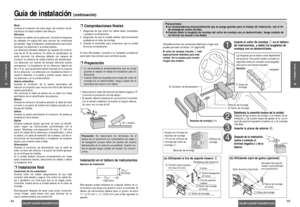 Page 336465
Guía de instalación(continuación)
E
S
P
A
Ñ
O
L
15E
S
P
A
Ñ
O
L
16
CQ-DP133U/DP103U/DPX153UCQ-DP133U/DP103U/DPX153U
❐Comprobaciones ﬁnalesMasaConecte el conductor de masa negro del conector de ali-
mentación al chasis metálico del vehículo.
AltavocesConecte los cables de los altavoces. Consulte el diagrama
de cableado (➡página 68) para conocer las conexiones
apropiadas. Siga el diagrama cuidadosamente para evitar
estropear los altavoces y la unidad estéreo.
Los altavoces utilizados deberán ser...