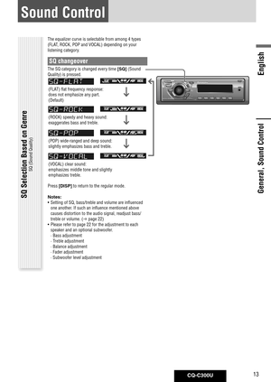 Page 13
CQ-C300U13
English

General, Sound ControlSQ Selection Based on Genre 
SQ (Sound Quality) 
The equalizer curve is selectable from among 4 types 
(FLAT, ROCK, POP and VOCAL) depending on your 
listening category. 
SQ changeover 
The SQ category is changed every time [SQ] (Sound 
Quality) is pressed. 
(FLAT) flat frequency response: 
does not emphasize any part. 
(Default)
(ROCK) speedy and heavy sound:  
exaggerates bass and treble. 
(POP) wide-ranged and deep sound: 
slightly emphasizes bass and treble....