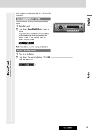 Page 15
CQ-C300U15
English

Radio
Radio
Up to 6 stations can be preset in AM, FM1, FM2, and FM3 
respectively. 
Auto Preset Memory (APM)
Stations with good receiving conditions automatically 
preset.
1	Select	a	band.
2	Hold	down	[BAND] (APM)	for	2	sec.	or	
more.
The preset stations under best receiving conditions 
are received for 5 sec. each after presetting the 
stations (SCAN). To stop scanning, press the 
numeric button [1] to [6]. 
Note: New stations overwrite existing saved stations. 
Manual Station...