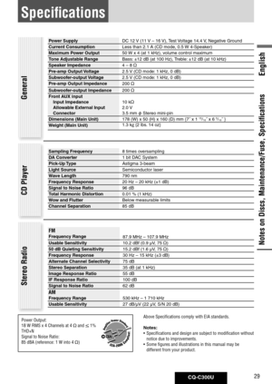 Page 29
CQ-C300U29
English

Specifications
Power	SupplyDC 12 V (11 V – 16 V), Test Voltage 14.4 V, Negative Ground
Current	Consumption
Less than 2.1 A (CD mode, 0.5 W 4-Speaker)
Maximum	Power	Output
50 W x 4 (at 1 kHz), volume control maximum
Tone	Adjustable	Range	
Bass: ±12 dB (at 100 Hz), Treble: ±12 dB (at 10 kHz) 
Speaker	Impedance
4 – 8 
Pre-amp	Output	 Voltage
2.5 V (CD mode: 1 kHz, 0 dB)
Subwoofer-output	 Voltage
2.5 V (CD mode: 1 kHz, 0 dB)
Pre-amp	Output	Impedance
200  
Subwoofer-output	Impedance
200...